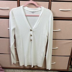 White V-Neck Sweater with Button Detail